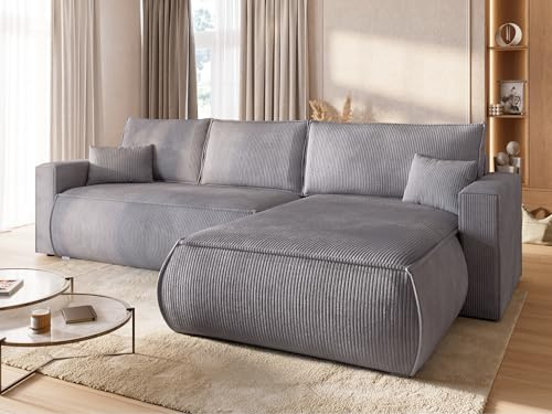 BROMARKT Ecksofa mit Schlaffunktion Couch L Form 270x173x80 cm Hellgrau | Sofa mit Bettkasten Wohnlandschaft Schlafsofa freistehend HAVANA Schlafcouch mit Stauraum Cord 3 sitzer Sofabed Eckcouch