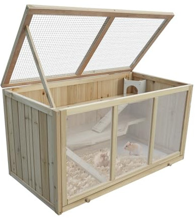 Hamsterkäfig aus Tannenholz, 94,5 x 48,5 x 49,5 cm, mit Plattformen, Leiter und Hütte
