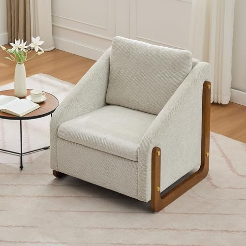 A ALFRESCOOL Sessel, Akzentstuhl für Wohnzimmer, Polstersessel, Einzelsofa, Loungesessel, moderner Stuhl mit Armlehne aus Holz, mit Rückenkissen, Weiß Chenillestoff,73,5 * 73,5 * 73,5 cm