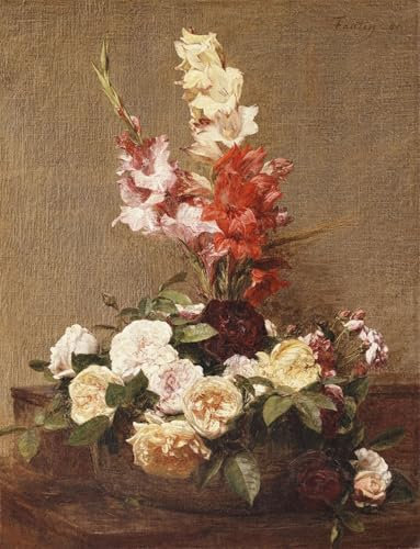 ZHAOSHAN Vintage Moderne Kunst Wandbild Poster Kunstdrucke Gladiolen und Rosen von Ignace Henri Jean Fantin Latour Poster Bilder Leinwand für Office Home Decor 60x90cm