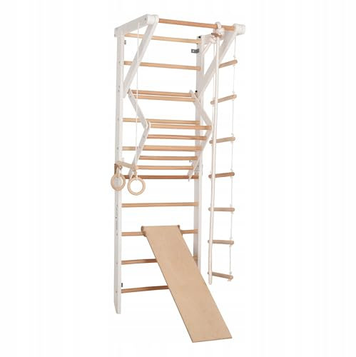 Kletterwand für Kinder und Erwachsene – Klettergerüst Indoor aus Holz mit Wand-Reck, Stange, Gymnastikringen, Kletterseil, schwedischer Leiter, höhenverstellbarer Klimmzugstange