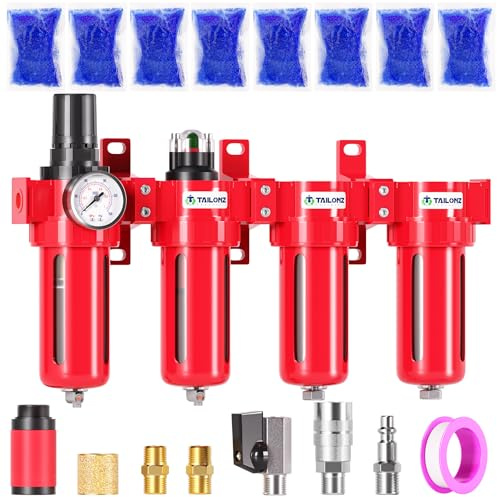 TAILONZ PNEUMATIC 0-150PSI 1/4 Inch NPT Red Industrial Grade 4 Stage Air Drying System, Particulate Filter, Coalescing Filter, Double Desiccant Dryer and Air Regulator (Manual Drainage)