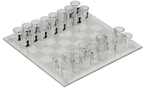 Pesoncarl Klares Schachkess -Set, 10 x 10 Zoll Glasschachbrett mit 32 PCS Cups -Teilen, Trinkschuss -Set, lustige Sets für Erwachsene, Kinder, Spielzeug