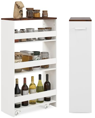 COSTWAY Carro de Almacenamiento Estrecho de 4 Niveles, Carrito Auxiliar con Ruedas, 4 Estantes, Barandillas Anticaídas y Asa, Ahorra Espacio, Carrito para Cocina, Baño, 47,5x20x80,5 cm,Blanco y Marrón