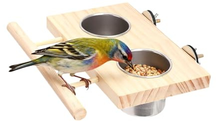 Lot de 2 bols de nourriture pour oiseaux en acier inoxydable avec perchoir en bois - Gamelles suspendues pour nourriture et eau pour perruches, calopsittes, perroquets, pinsons, pigeons et cages à