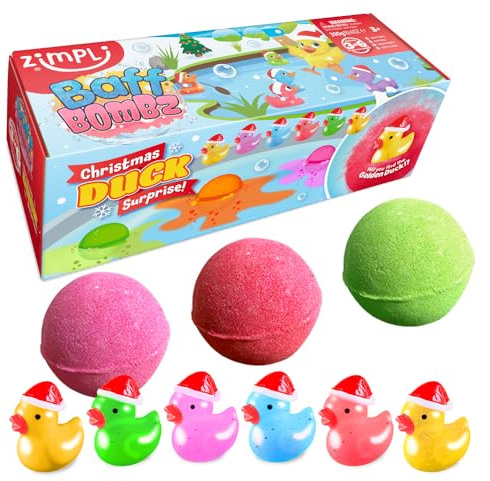 ZIMPLI - 3 x Large 100g Christmas Duck Surprise Baff Bombz, 1 dei 6 giocattoli a forma di papera da collezionare, uno per ogni bomba da bagno, regali di Natale da mettere nella calza per bambini