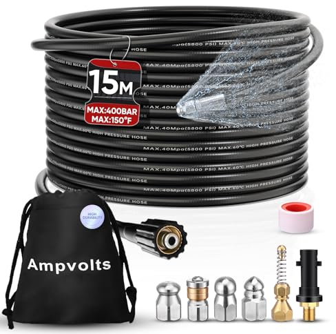 Ampvolts Desatascador de Tuberías a Presión - 400 Bar/5800 PSI, 5 boquillas y Adaptador Karcher Compatible con Hidrolimpiadoras Karcher K2 K3 K4 K5 K6 K7 (15M, Adaptador Karcher Estándar, Old)