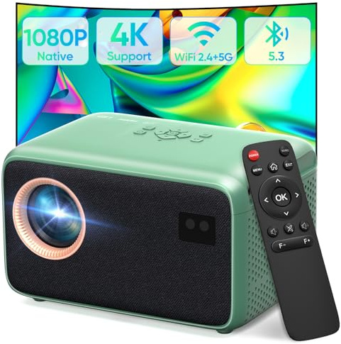 NUTROMO Projektor med Wifi och Bluetooth, inbyggd 1080P bärbar miniprojektor 4K-stöd, E-Focus & Auto Keystone-projektor för sovrum/hem/utomhus, kompatibel med smartphone/HDMI/USB/TV-pinne
