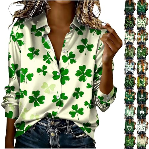HAOLEI St Patricks Day T Shirts Womens - Ladies Satin Silk Shamrock T-Shirt UK Funny Green Clover Printed Long Sleeve St. Patrick's Day Casual Irish Tshirts Lucky Tops Tee Soft Blouses Outfits