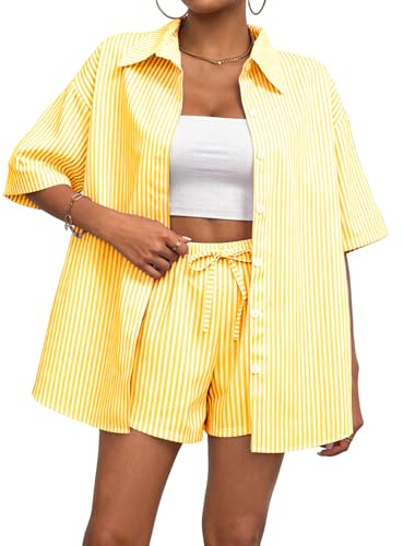 Rayson Completo Donna Estivo Righe 2 Pezzi Camicia Maniche Corto e Pantaloncini con Coulisse e Tasche Set Coordinati Completi Estivi Donna per Mare Spiaggia Lavoro(Giallo, L)