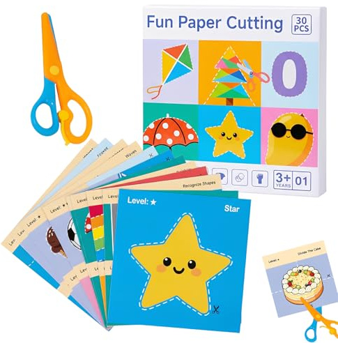 NiceNaiils Set Taglio Carta per Bambini, Forbici Sicurezza + 30 Fogli, Attività Didattica Creativa per Asilo e Scuola Materna, Giocattolo Educativo(A)