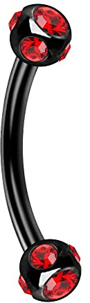 AZARIO London - Piercing per sopracciglio in acciaio chirurgico anodizzato nero con doppia sfera di cristallo multicolore, calibro 16, colore: rosso