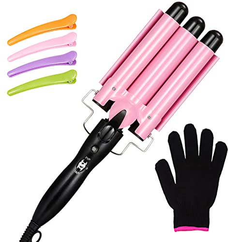 WILLBOND 3 Barrel Curling Iron Wand Hair Waver with Two Temperature Control, 25mm(1 Inch), LCD Lights Indicate, Ceramic Professional Hair Curling Wand with 4 Pcs Hair Clips and Heat Resistant Glove