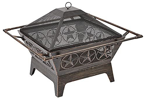 Stor öppen spis i stål med nätlock – korgskål brandgrop-Brazier – stock, trä och kolbrännare – trädgård uteplats värmare grill och stålpoker ingår – vintage brons svart finish