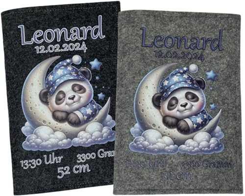 U Heft Hülle und Impfpass aus Filz - Personalisiert mit Namen - Untersuchungsheft Schutzhülle - Babygeschenke zur Geburt - Kinderuntersuchungsheft Mädchen und Junge - Panda Mond