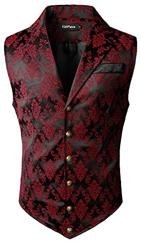 VATPAVE Mens Victorian Suit Vest Steampunk Gothic Waistcoat Medium SU14 Black Red