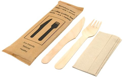 Enpack - 250 Bio Besteck Set aus Holz - Umweltfreundliche Messer, Gabel, Servietten Besteck Sets- 165mm Messer - 160mm Gabel - Eco friendly