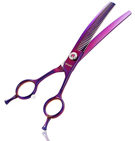 LYNHUAND Professionelle, gebogene Effilierschere für Hunde, scharfe Klingen, Mischschere, Hundepflegeschere, japanischer 440C-Edelstahl, glatte Bewegung und feines Schneiden (mehrfarbig)