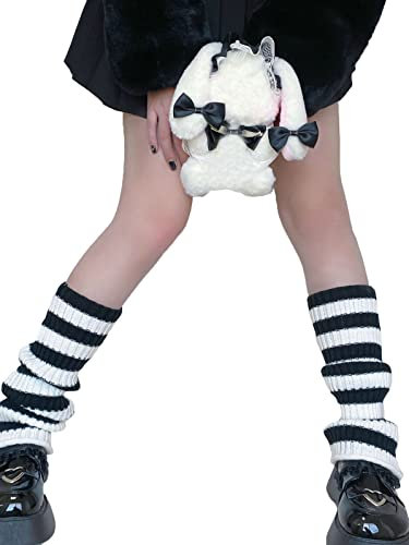 shownicer Damen Gothic Punk Gerippte Gestrickte Beinstulpen Harajuku Japanische Stulpen Studenten Mädchen Kawaii Häkeln Beinwärmer 80er Knee High Foot Cover Winter Beinwärmer A Weiß Einheitsgröße