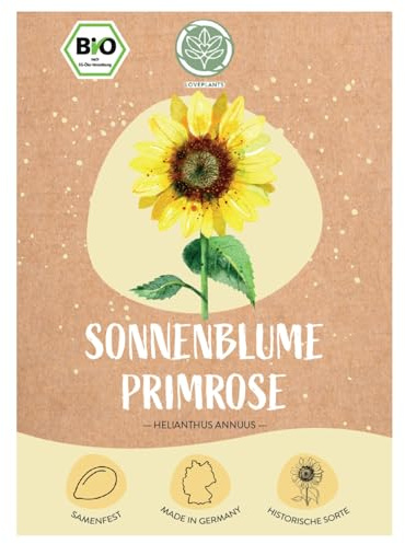 Bio Primrose Sonnenblumen Samen, 20 Blumensamen mit hoher Keimquote, Sonnenblumensamen für deinen Garten, Balkon, Beet oder als Gastgeschenk. Samenfestes Blumen Saatgut.