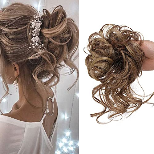 Messy Bun Hair Piece Wavy Curly Updo Ponytail Extensions Donut Chignons Accessories for Women (12H24 Light Brown Mix Natural Blonde)