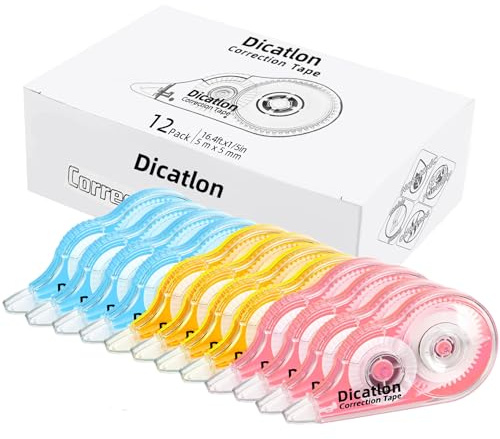 Dicatlon White Correction Tape 12 Pack, Easy Use Roller Applicator, Instant Dry, Jam Free PET Film, Smooth Precise Corrections for School, Office, Home