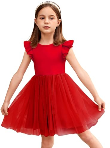 Arshiner Toddler Princess Dress - Tulle Party Dress with Ruffle Sleeves, Red, 6-7 Years