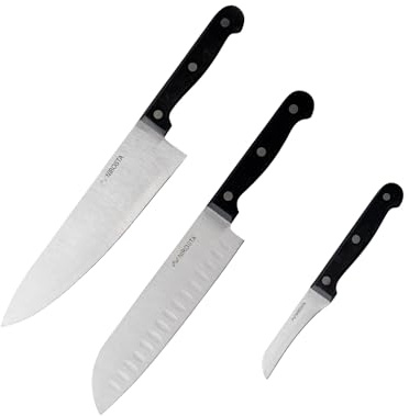 Nirosta Mega Set de Cuchillos de Cocina, incluye Cuchillo de Chef 32 cm, Cuchillo Santoku 30 cm y Cuchillo Patatero 18 cm, Hoja de Acero Inoxidable Muy Afilado, Mango POM con Remaches, 3 uds.