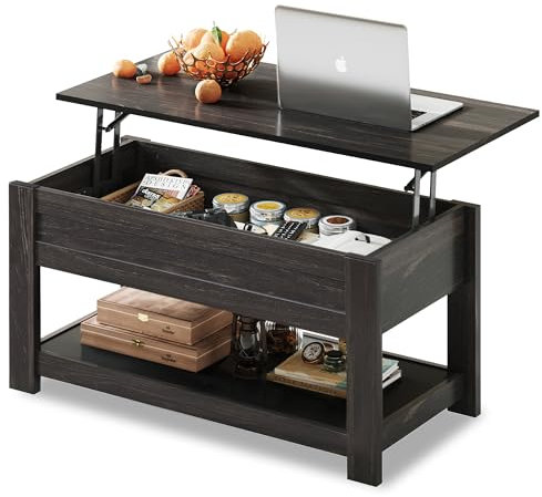 WLIVE Couchtisch Höhenverstellbar und Ausziehbar, Wohnzimmertisch Holz mit Verstecktem Fach und Offenem Regal, Kaffeetisch, Holzkohle Schwarz