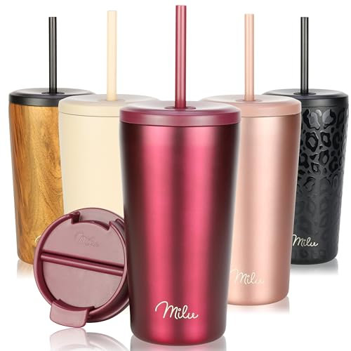 Milu Thermobecher 500ml - 100% Auslaufsicher - Edelstahl Kaffeebecher to go isoliert mit Strohhalm hält 10h heiß / 20h kalt, BPA-frei (Berry, 500ml)