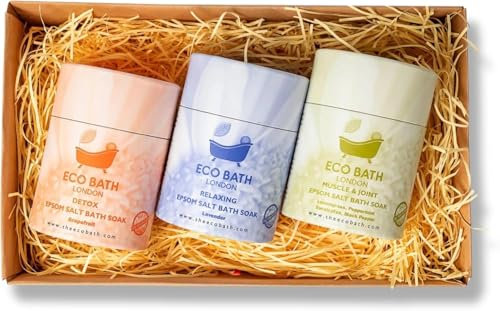 Eco Bath London Epsom Salt Gift Set - 3 x 250g Bath Salts, Muscle and Joint, Relaxing, Detox, Perfect Bath Salts Gift Set