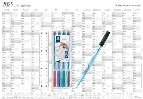 STAEDTLER Jahresplaner Wandkalender 2026 | Lumocolor Set 4 Farben + Lineal | Trocken abwischbar | Ferien- & Feiertagsplaner | Größe DIN A1 | DEZ 25 + JAN 27 | Sonderedition | 641 YP-1DE