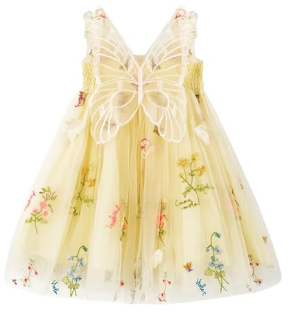 Miipat Baby flicka klänning tyll fjäril småbarn flicka prinsessa klänningar ärmlös broderi blommor bröllop fest födelsedag klänning för flickor, GUL, 12-18 månader