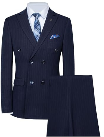 Ensemble Élégant à Double Boutonnage pour Hommes - Smoking Formel 2 Pièces Costume à Rayures Fines avec Pantalons (Bleu, Grand)