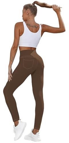 JUFO Jegging - Leggings de cintura alta con control de abdomen, pantalones de mezclilla elásticos de talla grande con bolsillos, ropa deportiva 7/8, marrón, 44