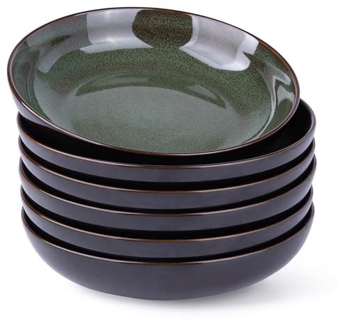LeRatio Lot de 6 grands bols à pâtes de 22 cm, assiettes profondes en grès résistant aux rayures, bols à soupe et nouilles modernes, passent au micro-ondes et au lave-vaisselle, vert jade