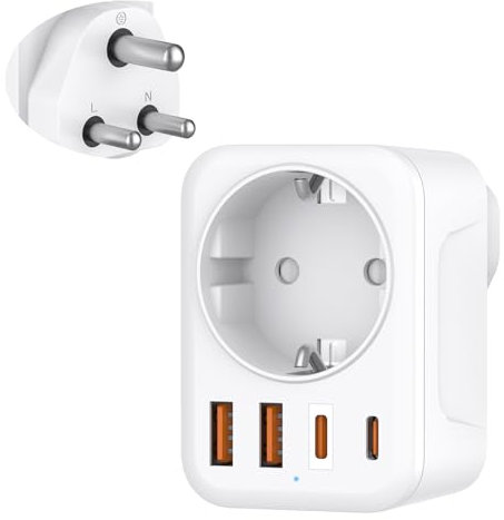 Adattatore da viaggio tipo D per l'India, adattatore 5 in 1 con 1 presa CA e 2 USB-C e 2 USB-A (3,4 A), prese da viaggio a 3 poli per India, Bangladesh, Iraq, Nepal, Nigeria