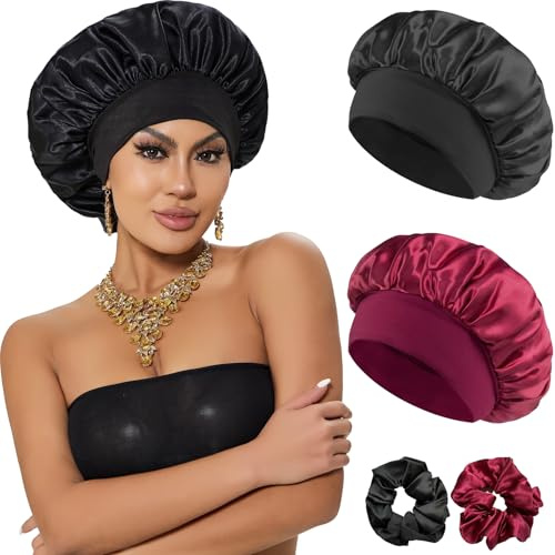 Loomify Seidenhaube zum Schlafen, Satin Bonnets Schützt und Pflegt das Haar | Nacht Schlafhaube Seide für Damen, 2er Set Haarhauben mit Haargummis