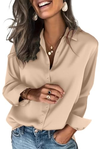 Zeagoo Camicetta da Donna Elegante in Raso di Seta Camicia a Maniche Lunghe con Scollo a V Blusa Basic con Bottoni Unita Maglietta per Lavoro Casual Marrone Chiaro XXL