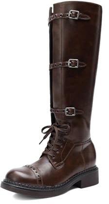 DREAM PAIRS Bottes Hautes Femme Style Motard, Bout Carré, Fermeture Éclair Latérale et Boucles Réglables au Mollet, Confortables et Élégantes,Size 39,Marron Foncé,DWUMKB2512