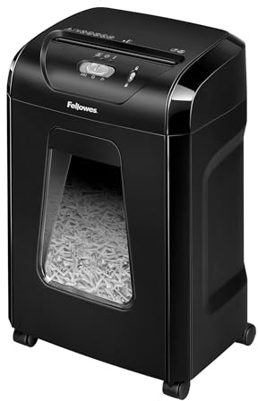 Fellowes FS-15C Distruggidocumenti, Taglio Incrociato, 15 Fogli, P4, Cestello Estraibile 19L, Alta Sicurezza per Casa e Ufficio, Silenzioso e Potente, Nero