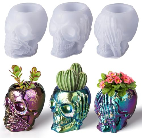 3 Stück Totenkopf Silikonform für Epoxidharz, 3D Halloween Schädel Silikonformen zum Gießen von Blumentöpfen, DIY Halloween Vase, Harzfiguren,Deko für Haus,Deko für Haus,Party & Bastelbedarf Geschenke
