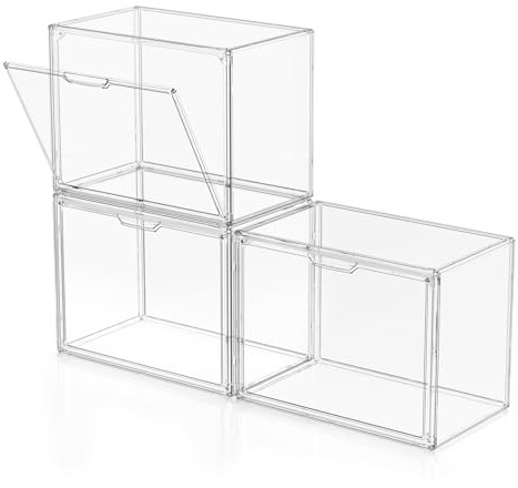 Clear Plastic Storage Bins - Acrylic Display Case with Magnetic Door, Purse Organizer for Closet: Stackable Display Box for Collectibles, Book, Cosmetic, Figures Showcase(3 Pack)