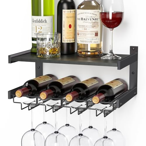 B4Life Weinregal zur Wandmontage mit Stielglasaufhänger, Weinglashalter, industriell, Glasflaschenregal für Wand, schwebende Regale mit Aufbewahrung, Likörflaschenhalter für Barregale, Küche (Schwarz