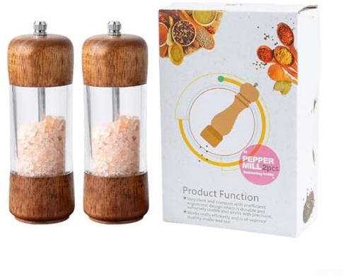 Molinillo de pimienta acrílico transparente con base de madera, mecanismo de molienda manual con grosor ajustable para sal, pimienta y múltiples condimentos (juego de dos piezas de 6 pulgadas)