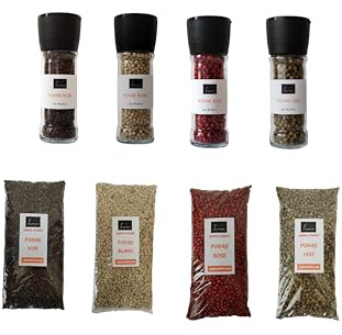 Le Monopati – Lot de 4 Moulins à Poivre + 4 Sachets Recharges (Noir, Vert, Blanc, Rose) – 802g au Total – Poivre en Grains Grand Format – 100% Naturel, Sans Additifs