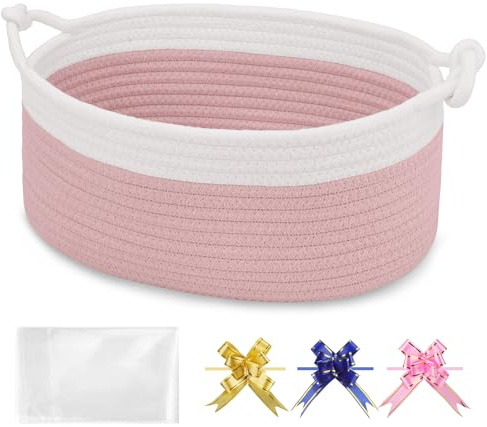BOSROTY Small Empty Gift Basket with Bag & Ribbons, White & Dusty Pink | 30.5x20x13cm, Cotton Rope Woven Basket for Birthdays, Baby Showers, Mother's Day, Christmas; Stores Small Items,Kids Pet Toys