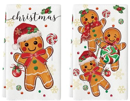 Calkkrer 2-Piece Christmas Kitchen Towels, Dish Towels with Gingerbread Motifs, Soft Cotton Christmas Towels for Indoor Christmas Decor 40x60cm