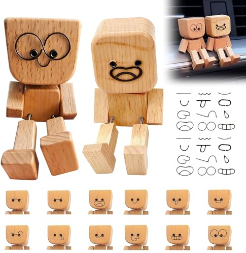 HOVCEH Muñeco Tambaleante de Madera, 2 Piezas Figura de Hombre de Madera Agitada para Coche con 12 Expresiones, Decoracion Coche para Salpicadero, Escritorio