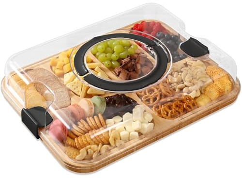 Charcuterie Board med lock bambu Charcuterie Boards med genomskinliga lockhandtag 6 fack serveringsbricka bräda, resa med, brädor med